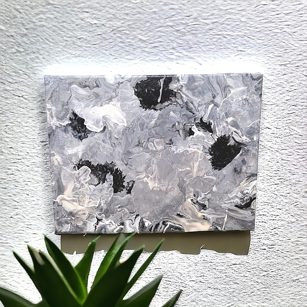 Custom Grey Silver And Black Pour Paint Canvas Art